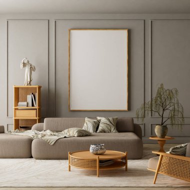 Modern bej oturma odası, ahşap mobilyalar ve doğal ışık altında duvar çerçevesi maketi olarak tasarlanmış rattan sandalyeyle donatılmış. 3B illüstrasyon.