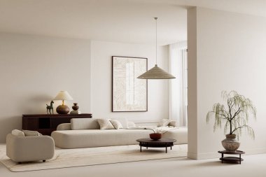 Yuvarlak mobilya hatları, doğal malzemeler ve çağdaş yaşam için yumuşak sakinleştirici bir ortam içeren minimum ve parlak İskandinav iç mimarisi. 3B illüstrasyon