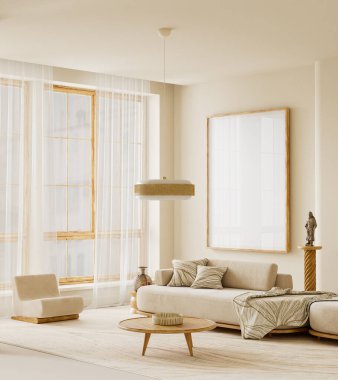 Yumuşak gün ışığıyla aydınlatılan, duvara monte edilmiş bir poster modelinin yer aldığı sıcak, minimal bir iç mekan. Doğal ahşap, heykel dcor ve nötr tonlar temiz bir rafine sunum ortamı oluşturur