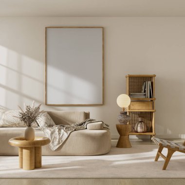 Işıl ışıl İskandinav oturma odası, sıcak dokular, temiz şekiller ve yumuşak, modern, minimal iç mimari sahneler için düzenlenmiş bir poster çerçevesi. 3B illüstrasyon.