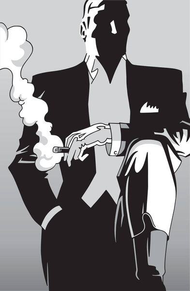 Рисунок модного человека, курящего сигару в формальной одежде двадцатых годов, в нуарной киноатмосфере и стиле ар-деко. Цифровая иллюстрация.