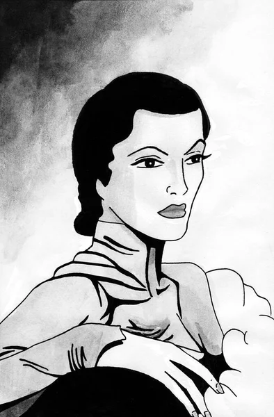 Art of fancy woman in formal dress from the twenties, in film noir atmosphere and art Deco style. Ink drawing.