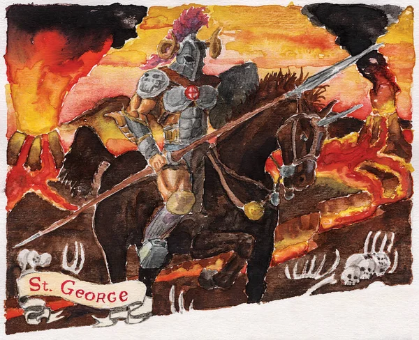 全副武装的装甲骑士 骑着马在火山景观上 上面有写着圣乔治的标记 水彩画 — 图库照片