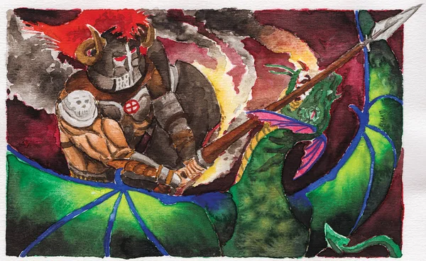 Drawing Armored Knight Attacking Dragon Spear Watercolor Painting — Stock Photo, Image