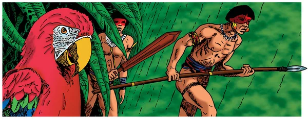 Illustration of Brazilian indigenous men walking through the rainforest and colorful parrot, in comics style. Hand drawn and digital colorization.