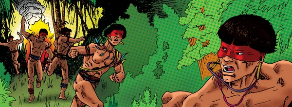 Ilustracja Brazylijskich Rdzennych Biegaczy Przerażonych Ogniem Przez Las Stylu Komiksowym — Zdjęcie stockowe