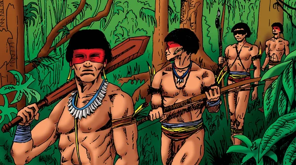 以漫画风格描绘巴西土著男子在热带雨林中行走的情景 手绘和数字着色 图库照片