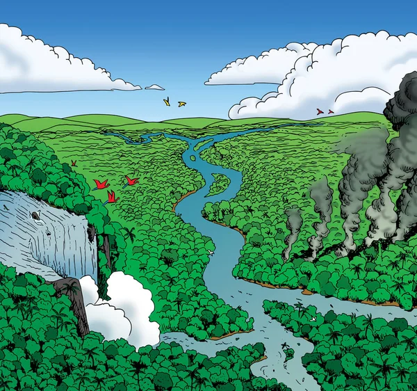 图片说明一个巨大的热带雨林景观与大瀑布和烟柱 在漫画风格 手绘和数字着色 免版税图库图片
