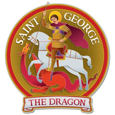 Aziz George 'un ata binerken ve Ejderha ile savaşırken çekilmiş renkli bir çizim. Aziz George ve DRAGON kelimeleriyle. Dijital illüstrasyon.
