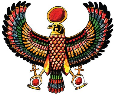Antik Mısır tarzında ve beyaz arka planda renkli bir kartal tasviri. Renkli kalemler çizim ve dijital rötuş.