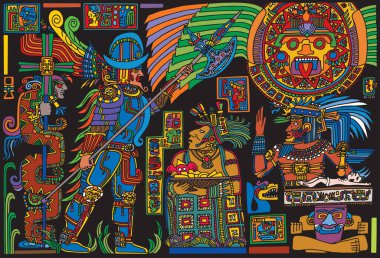 İspanyol fatihinin renkli bir çizimi Kolombiya öncesi Amerikan yerlileriyle çizgi roman tarzında buluşuyor. Dijital illüstrasyon.