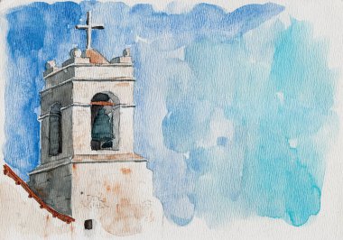 Small church belfry with bell and cross in San Pedro de Atacama. A cute tourist village on the Andean highland in northern Chile. Watercolor painting. clipart
