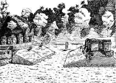 Eski Copan şehrindeki ormanın ortasındaki top sahası harabeleri. Maya uygarlığının Honduras 'taki arkeolojik alanı. Mürekkep çizimi.