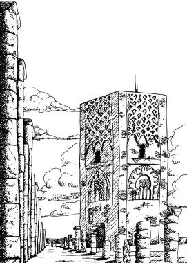 Hasan Kulesi Rabat 'taki Muhammed V anıtmezarındaki birkaç sütunun arasında. Deniz kenarında bir şehir ve Fas 'ın başkenti. Mürekkep çizimi.
