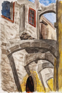 Rhodes 'un dar bir sokağındaki eski taş binalar arasındaki kemerlerin ayrıntıları. Yunanistan 'da ortaçağ mimarisi olan tarihi bir kasaba. Suluboya resim.