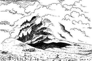 Kilimanjaro Dağı 'ndaki kayalık bir arazide ikincil volkanik koni. Bu Tanzanya volkanı Afrika 'nın en yüksek yeridir. Mürekkep çizimi.