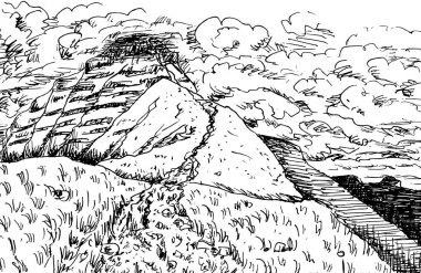 İngiltere 'nin Galler kırsalında bulutlu bir günde Pen Y Fan' in zirvesine doğru giden Rocky patikası. Mürekkep çizimi.