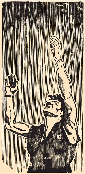 Scanned Woodcut Soldier Raising His Hands Sky Dramatic Way Comics — Stock Photo, Image