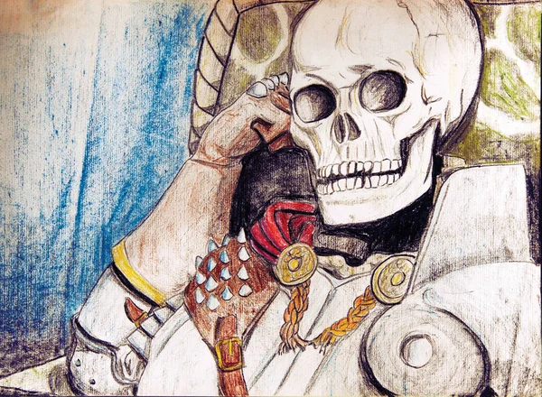 Portrayal of the skeleton of a knight in armor seated with with the skull resting on the wrist, in comics style. Colored pencils drawing.