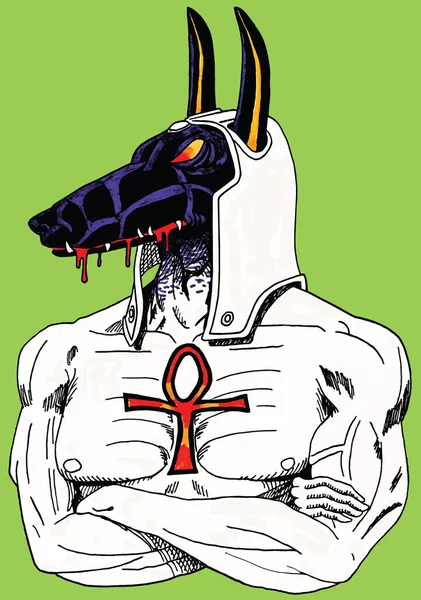 Colored illustration depicting the Egyptian god Anubis in his anthropomorphic version of man with a wolf head, in comics style. Digital illustration.