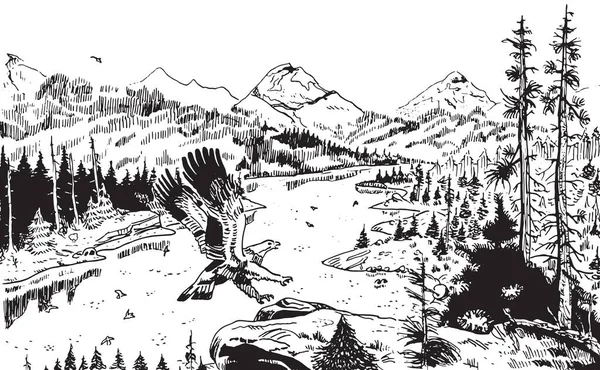 Illustration Aigle Atterrissant Sur Rocher Paysage Montagneux Recouvert Une Forêt — Photo