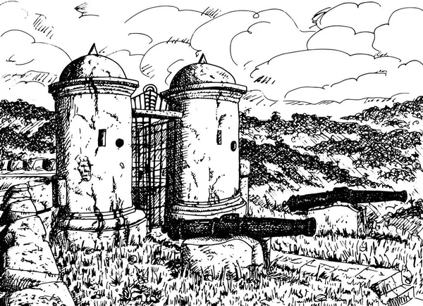 Залізні Гармати Сторожові Вежі Біля Входу Фуерте Сан Крістобаль Фортифікаційний — стокове фото