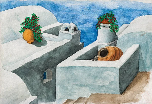 Whitewashed roofs with flowers and alley from typical houses in Santorini. A volcanic island in the Aegean Sea, southern Greece. Watercolor painting.