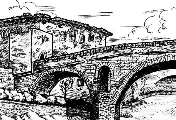 Puente Reina的哥特式石桥和旧建筑 西班牙北部圣詹姆斯路上的一个中世纪村庄 水墨画 — 图库照片