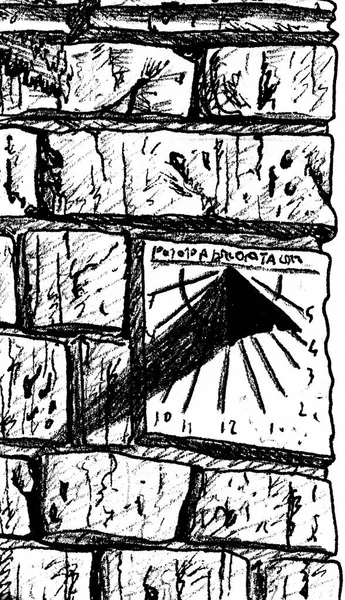 Iron sundial on stone brick wall at the Way of St. James. A pilgrimage route leading to Santiago de Compostela in Spain. Ink drawing.