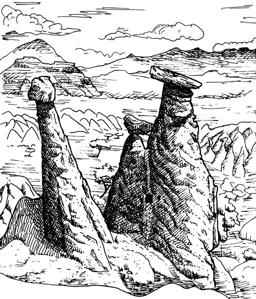 카파도키아의 후때문에 바위투성이의 지질학적 풍경이 침식되었습니다 시골에서요 잉크로 — 스톡 사진