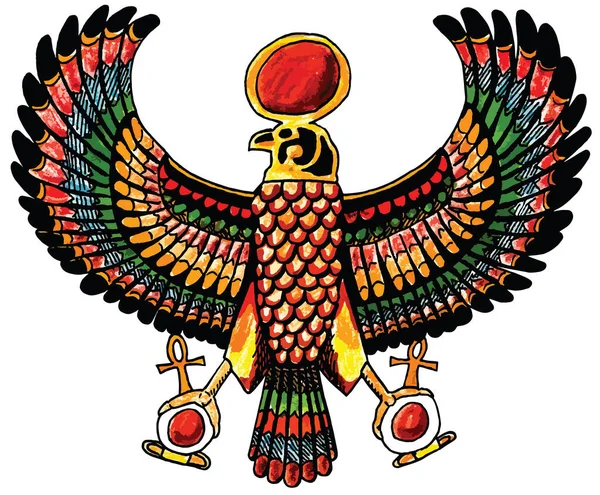 描绘古埃及风格和白色背景的鹰的色彩丰富的艺术 彩色铅笔绘图和数字画笔 图库图片