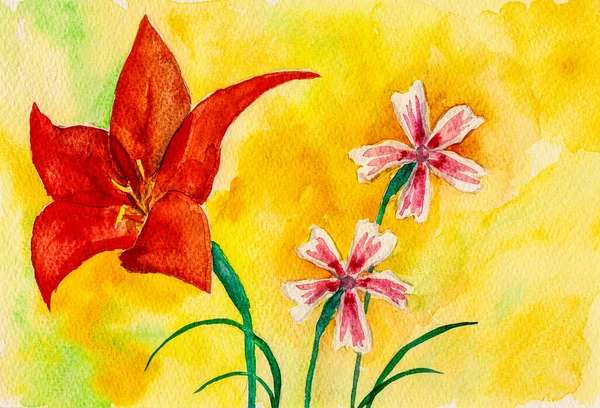 Portrayal Big Red Flower Colorful Small Flowers Yellow Background Watercolor — Stock Photo, Image