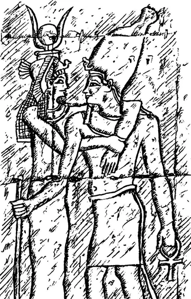 Wall depicting the pharaoh and his queen carved in low relief by ancient Egyptians. At the Edfu temple, southern Egypt. Ink drawing. — Stock Image Wall Depicting Pharaoh His Queen Carved Low Relief Ancient Egyptians Stock Photo
