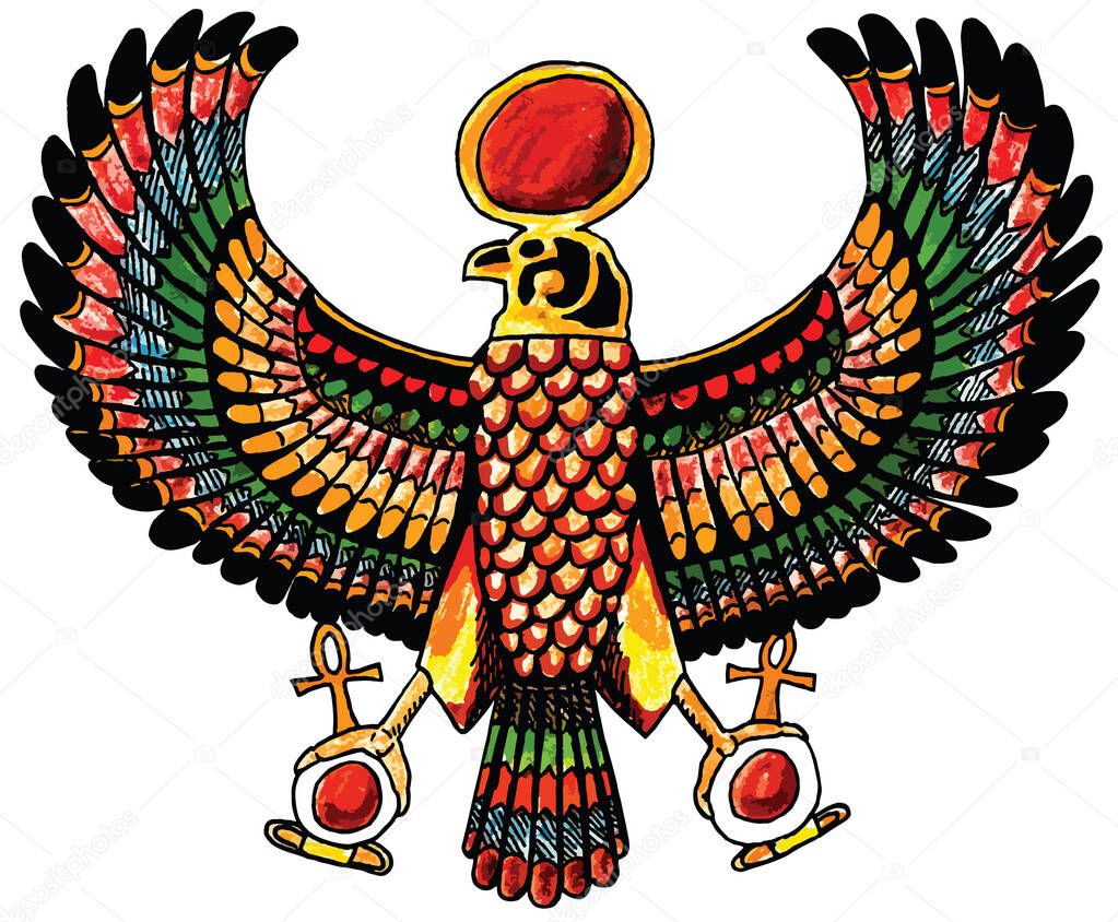 Colorful art of the depiction of an eagle in Ancient Egypt style and white background. Colored pencils drawing and digital retouch.