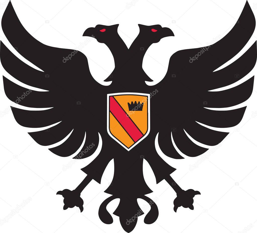 Art depiction of an eagle with two heads and colorful shield, in white background and heraldic style.