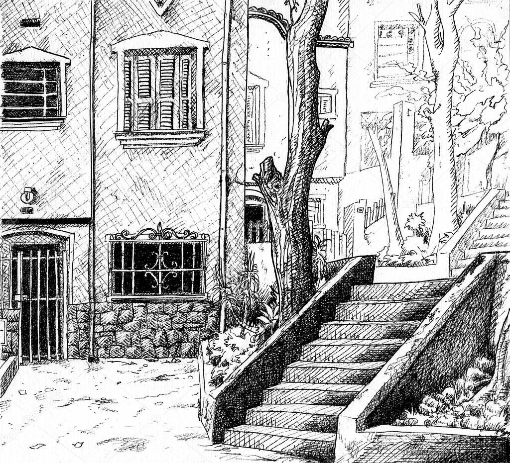 Illustration of staircase between house facade and garden at the Brazilian city of Sao Paulo, in comics style. Ink drawing.