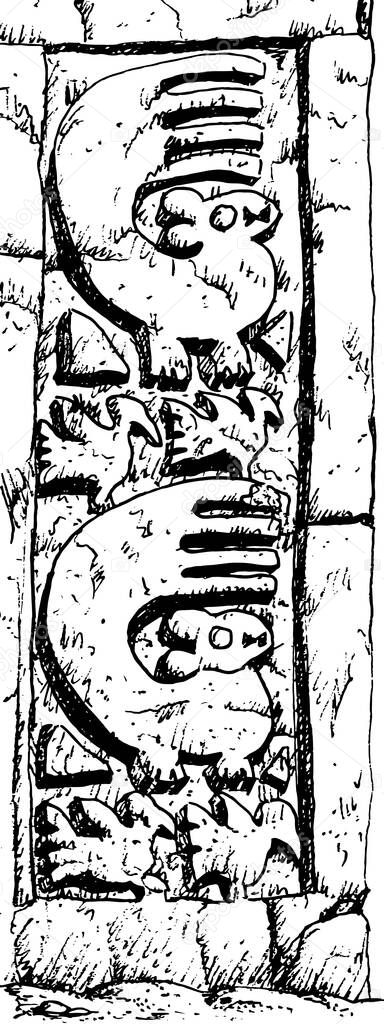 Animals carved on a mud walls in the archaeological site of Chan Chan. The capital of pre-Inca Chimu civilization in Peru. Ink drawing.