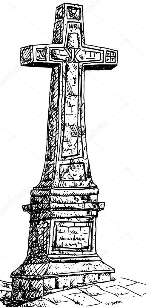 Big catholic cross carved on stone at Granada, in central Nicaragua. Ink drawing.