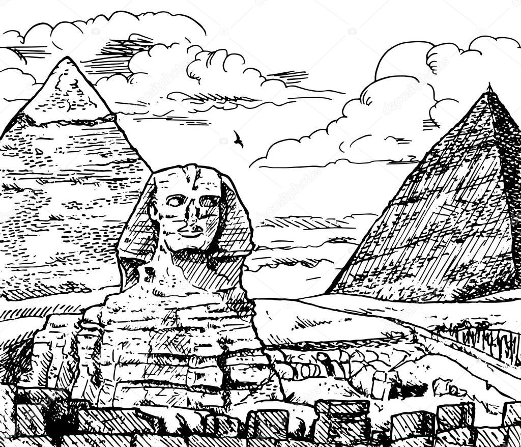 View of Giza pyramids complex with the great Sphinx. Near Cairo in Egypt, it is one of the world biggest tourist attractions. Ink drawing.
