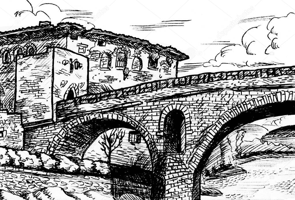 Gothic stone bridge and old building in Puente La Reina. A medieval village on the Way of St. James, northern Spain. Ink drawing.