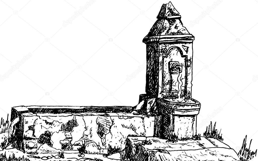 View of an old worn fountain in Baroque style on the Way of St. James. A pilgrimage route leading to Santiago de Compostela in Spain. Ink drawing.