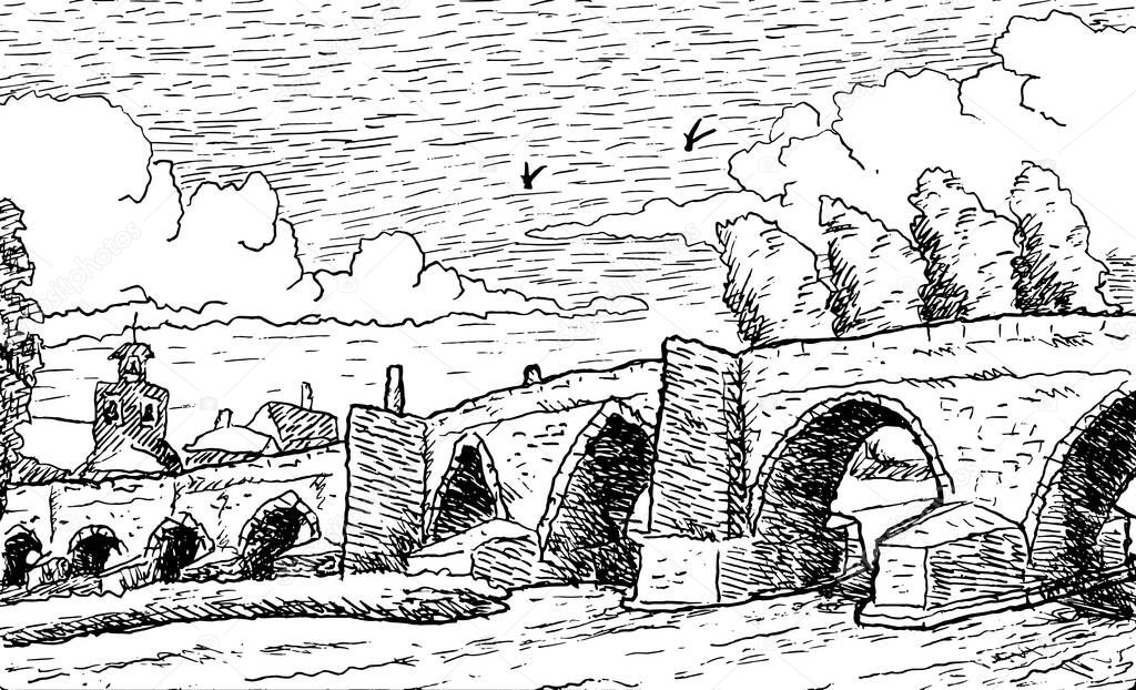 Pathway over gothic stone bridge at Hospital de Orbigo. A historical village on the Way of St. James. A pilgrimage route in Spain. Ink drawing
