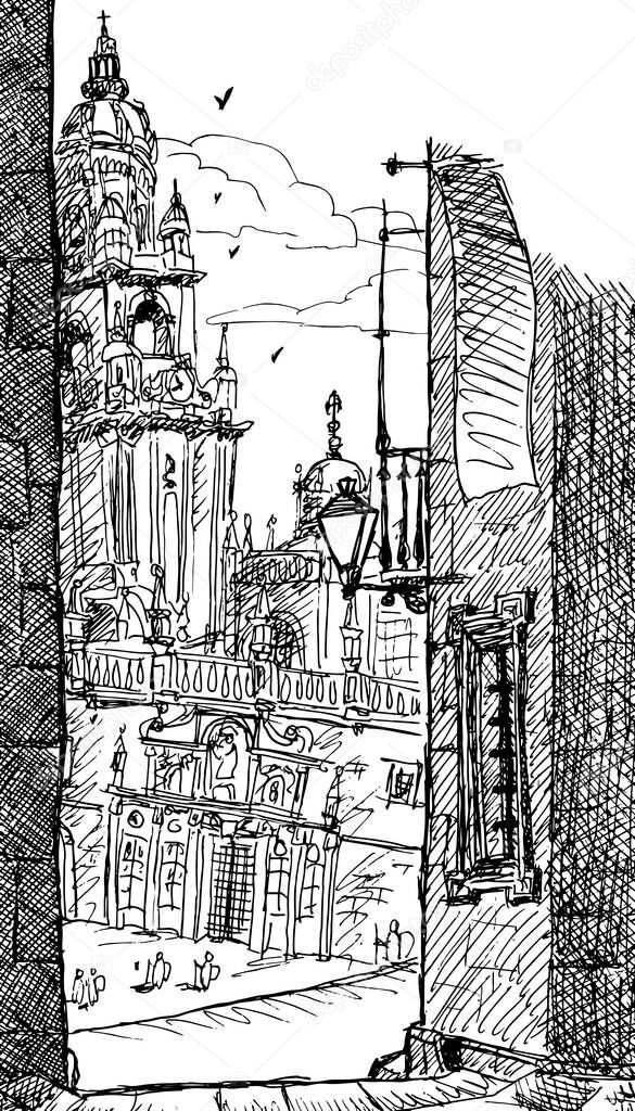 Astonishing facade of the Santiago de Compostela Cathedral, in the finish line of the Way of St. James. A pilgrimage route in Spain. Ink drawing