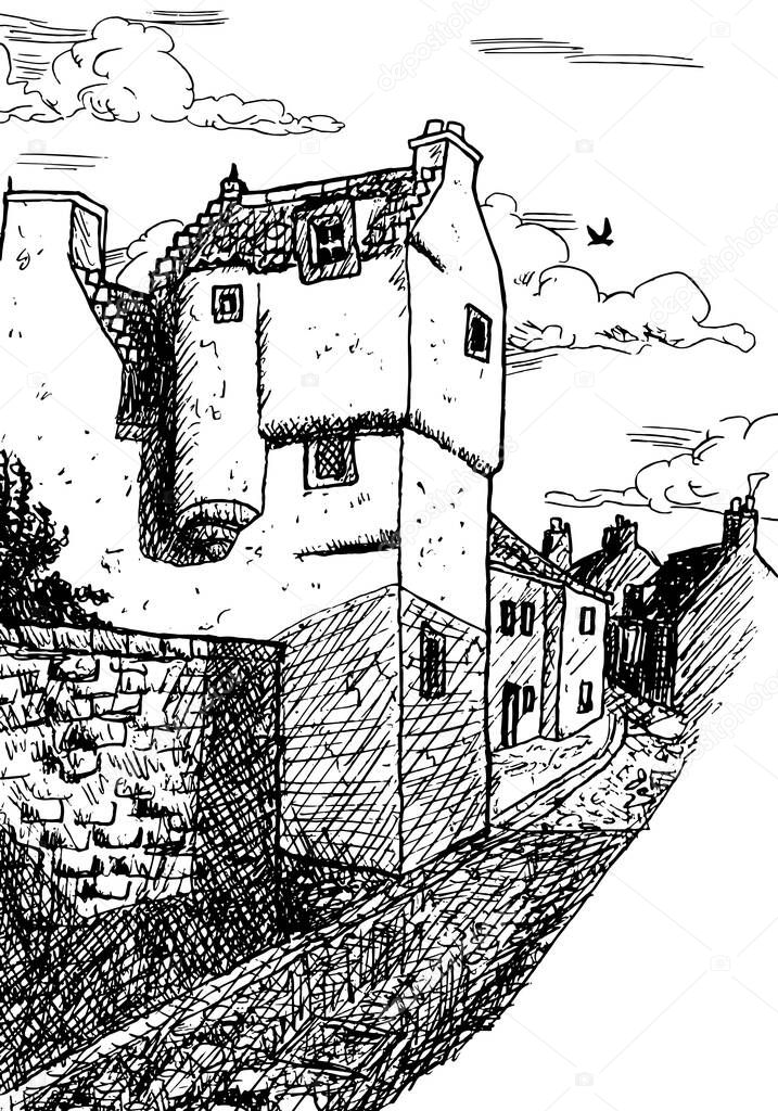 A small two-story house in medieval burg-style in an alley at Culross. A tiny and well-preserved seaside fishing village in Scotland. Ink drawing.