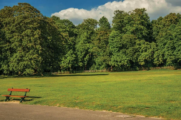 Banco Gramado Árvores Céu Azul Laeken Park Bruxelas Vibrante Amigável — Fotografia de Stock