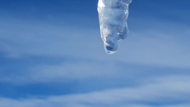 Eriyen Damlaları Buz Saçağından Damlıyor Mavi Gökyüzüne Doğru — Stok video