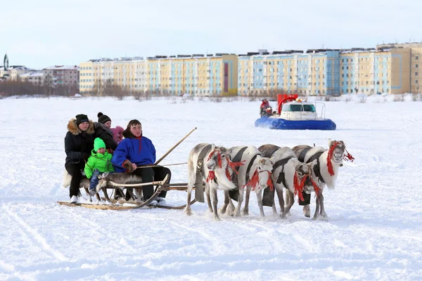 Adults and children ride deer — Stock Photo, Image