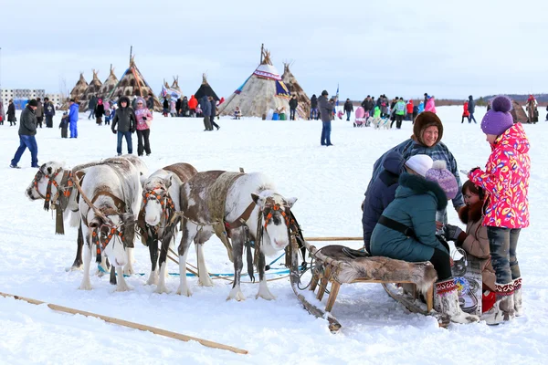 Neşeli genç erkek ve kızlar Nenets insan — Stok fotoğraf