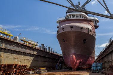 Ship in dry dock at the shipyard