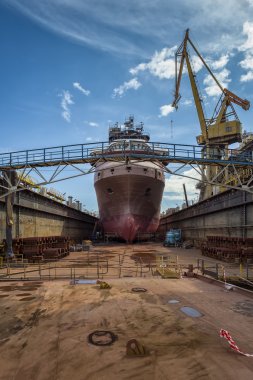 Ship in dry dock at the shipyard